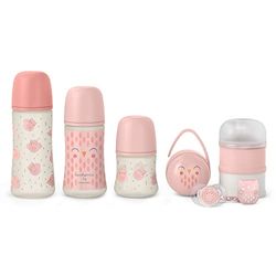 Suavinex, Set Premium Recién Nacido. Biberones de 150 ml/270 ml/360 ml + Chupete 0-6 Meses con Tetina Fisilógica SX Pro + Dosificador de Leche + Portachupetes Duo + Broche Pinza. Rosa