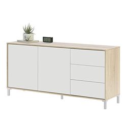 Habitdesign LOUNGITUDE - Amaya - Buffet - 2 Portes et 3 tiroirs - Blanc/chêne - L154 x P41 x H74cm