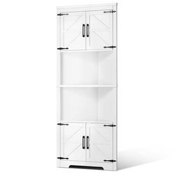 VEVOR Armario de Almacenamiento de Esquina de 685 x 360 x 1710 mm, Armario de Almacenamiento Estilo Granja de 6 Niveles con 4 Puertas de Madera y Estantes Ajustables para Sala de Estar, Cocina, Blanco