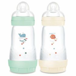 MAM - Zestaw 2 butelek dla niemowląt Easy Start Anti-Colique 2+ miesięcy średni przepływ (2 x 260 ml), mięta + bawełna - Butelka zmniejszająca kolkę i dyskomfort dziecka - Butelka dla niemowląt