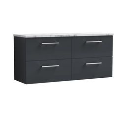 nuie ARN1424LCM2 Arno Modern Bathroom Wall Hung 4 Close Drawer Vanity Unit and Carrera Marble Laminate Worktop, 1200mm, Soft Black