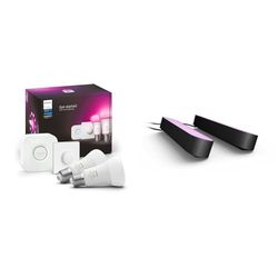 Philips Hue Starterkit - 2 Lampen - E27 - Wit en Gekleurd Licht & Philips Hue Play Tafellamp 2-Pack Basis Set - Verbind met Hue Bridge - Zwart