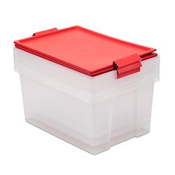 TATAY Lot de 3 Boîtes de Rangement avec Couvercles, 35L Capacité, avec Poignées et Roues, Couvercle en PP Recyclé, Transparent, sans BPA, Rouge. Dimensions 37 x 51 x 26 cm