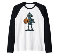 Robot Skeleton with Pumpkin Raglan Baseball Tee