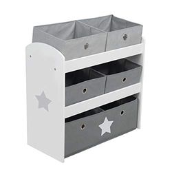 roba Étagère pour Jouets Enfant en Bois Stars - 5 Paniers en Tissu Amovibles - Meuble de Rangement pour les Jouets - 64 x 30 x 60 cm - Motif Étoile / Gris