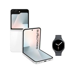 Samsung Galaxy Z Flip7 FE AI Phone with Watch8, Foldable Design, Wide Cover Screen, 50 MP Camera, Smooth Processor, 128GB Storage, 8 GB Memory, White, 3 Year Extended Warranty (UK Version)