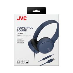 JVC HA-S33UC-A USB-C on-ear hoofdtelefoon, zachte oorkussens, opvouwbaar, met microfoon en 3-knops afstandsbediening, eenzijdige kabel, blauw