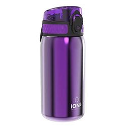 Ion8 Gourde Enfant Acier Inox 400ml, Anti-Fuite, Facile à Ouvrir et Nettoyer, Verrouillage Sécurisé, Lavable au Lave-Vaisselle, Poignée de Transport, Durable, Violet Métallisé