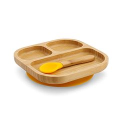 GREENBOX Bamboe bordenset, vierkant, zuignapborden met lepel, FSC-gecertificeerd, schattige kommenset van bamboe voor kleine kinderen, kinderborden en snackschaal, babybamboeservies, vierkant, geel