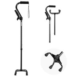 VEVOR Quad Walking Cane, 10-Level Height Adjustable Walking Stick with 4-Pronged Stable Base, Lightweight & Portable Aluminum Mobility Walking Aid for Seniors Adults Man Woman, 250LBS Loading Capacity