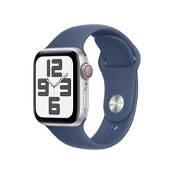 Apple Watch SE (2e gen.) GPS + Cellular 40 mm Smartwatch - Kast van zilverkleurig aluminium - Denim sportbandje (S/M). Conditie en slaap bijhouden, ongelukdetectie, hartritme monitoren, Retina-display