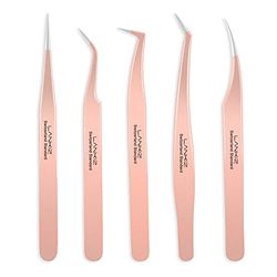 LANKIZ Eyelash Extension Tweezers Set 5 PCS for Volume Lash Extensions Stainless Steel Eyelash Tweezers for Extensions-Rose Gold