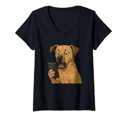 Mujer Perro sorprendido Mirando teléfono Inteligente Divertido Meme Arte Camiseta Cuello V