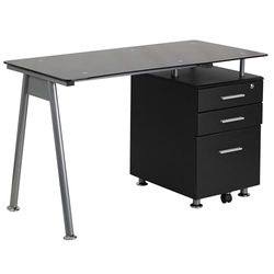 Flash Móveis secretária para computador com três gavetas pedestal, metal, vidro preto/moldura prateada, 128,27 x 67,31 x 13,97 cm
