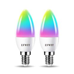 LVWIT Alexa-lamp E14 led, wifi-gloeilampen, 4,9 W, dimbaar, bluetooth, E14, smart RGB, led, 2700 K-6500 K, 470 lumen, compatibel met Google Home Alexa Echo, geen hub (set van 2)