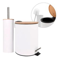 Amig - Set van vuilnisemmer en toiletborstelhouder Naturline - Ø 168 x 230 mm - roestvrij staal en bamboe - kleur wit - compacte en afgestemde badkamerset - ideaal voor moderne en natuurlijke ruimtes