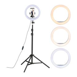Relaxdays Anneau LED sur Pied, Lampe 10" réglable, créations artistiques, Photos, vidéos, Support Portable, Blanc - Noir