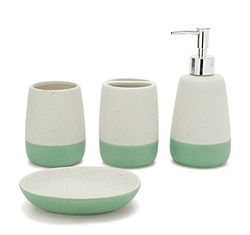 Vintage Green Bathroom accesory Set 4pc,Boho Ceramic Green Bathroom Decor Vanity Organizer, Lotion Dispenser,Toothbrush Holder, Soap Dish,Tumbler, Perfect for Bathroom Theme Gift
