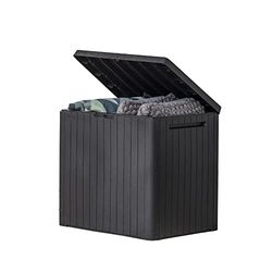 Keter City Boîte de terrasse en résine pour meubles de terrasse, accessoires de piscine et rangement pour jouets d'extérieur, gris foncé 100 l
