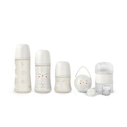 Suavinex, set med nappflaskor, för nyfödda. 3 x anti-kolik nappflaskor + napp 0/6 månader med SX Pro fysiologisk napp mjölkpulver portionskopa + Duo nappbox + nappkedja. Grå