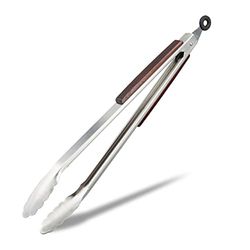 Relaxdays Pinças para churrascos extra-longas, acessório de grelha XXL, aço inoxidável e cabo de madeira, 38 cm, prateado e castanho