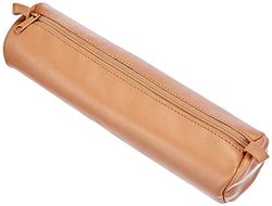 Clairefontaine - Ref 8298C - Cuir' Smooth Leather Round Pencil Case - 22cm x 5.5cm, Made From Genuine Lambskin Leather, Metal Zip With Leather Puller - Natural
