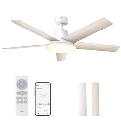 Dreo Intelligente plafondventilator, 132 cm, dimbaar ledlicht, 12 snelheden, 3 modi, 12 uur timer, stille DC-motor, bediening via afstandsbediening/app/Alexa, wit voor binnen