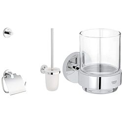 GROHE Set Accessori Bagno 3-in-1 Essentials Cromo, 40407001 + GROHE Bicchiere con Supporto Essentials Cromo, 40447001
