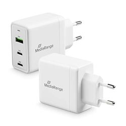 MediaRange GaN oplaadadapter, 65 W, 3-poorts stekkeradapter met snellaadfunctie, 1 x USB-A en 2 x USB-C uitgang, compatibel met iPhone 13, 12, iPad Pro, AirPods Pro, Galaxy, S22, S21