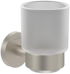Villeroy & Boch Portavasos Elements Tender, montaje en pared, taza para cepillos de dientes de cristal satinado con soporte de zinc, redondo, Níquel cepillado mate