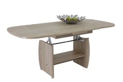 Hela Tische, Michael - Tavolino da divano funzionale, rivestimento in melammina effetto legno, finitura rovere Sonoma, allungabile: 90-142 cm, altezza regolabile con manovella: 52-62 cm