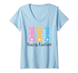 Mujer Conejitos de Pascua a cuadros Happy Easter Flannel Bunny Matching Camiseta Cuello V