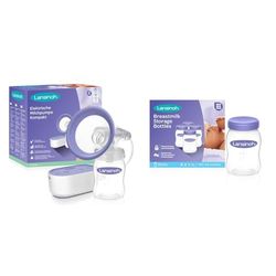 Lansinoh Elektrisk bröstpump kompakt – särskilt liten och tyst – perfekt för pumpning hemma och på språng, 1 styck (1-pack) & Lansinoh Breastmilk Storage Bottles Pack of 4 (160ml), lila