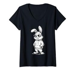 Donna Bunny With Sunglasses And Hoodie Happy Easter Day Bunny Face Maglietta con Collo a V