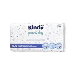 Toallitas secas para bebé Kindii Pure&Dry - Baby Essentials - Toalla facial desechable - Toallitas para bebé a granel - Accesorios para bebé - Multifuncional - 100% Algodón - 20x20 cm - 50 uds