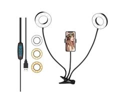 CGV | Double Ring Light orientable et Flexible, clipsable, Support Smartphone Universel avec Lampe d'appoint, 3 Modes d'éclairage bidirectionnel