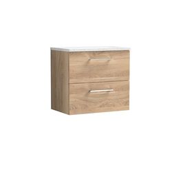 nuie ARN3024LSW Arno Modern Bathroom Wall Hung 2 Soft Close Drawer Vanity Unit and Sparkling White Laminate Worktop, 600mm, Bleached Oak Woodgrain
