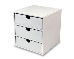 OSCO White Faux Leather 3 Drawer Chest | Small Item Storage | Stackable | Lego Container | Makeup Container | Jewellery Box | Stationery Organiser | Not A4 Size | H18.2 x W17 x D17 cm
