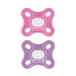 MAM Comfort Lot de 2 tétines, particulièrement petites et légères, pour bébés prématurés et nouveau-nés, en 100% silicone, avec tétine souple MAM SkinSoft et boîte à tétine, de 0 à 3 mois, rose