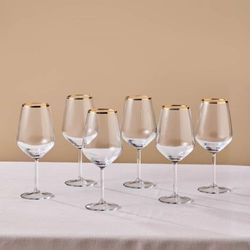 KARACA Orlando Large Wine Glasses Set of 6, White & Red Wine Glasses Gift, 490ml Elegant Gold-Rimmed Drinkware, Ideal for Home, Dining & Entertaining