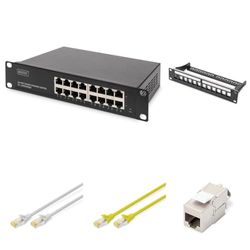 DIGITUS Set: Kit di rete da 10 pollici - 1x switch Gigabit Ethernet a 16 porte - 1x patch panel Keystone a 12 porte - 12x modulo Keystone Cat6A - 4x cavo Cat6A giallo, 12x grigio