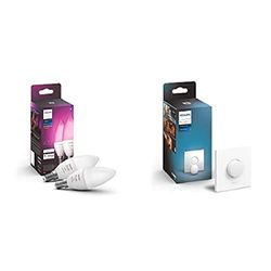 Philips Hue White and Color Ambiance Lampadina LED Smart, 2 Pezzi, con Bluetooth, Attacco E14, 5W, Dimmerabile, Bianco+Telecomando per Controllo delle Luci Smart Hue, con Bluetooth, Bianco