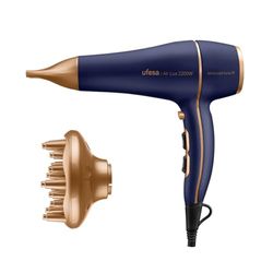 Ufesa Sèche-cheveux Professionnel Air Lux 2200W, Moteur AC, Élimine les Frisottis, Inclus Diffuseur et Concentrateur, 2 Vitesses, 3 Températures, Jet d’Air Froid, Bleu/Doré