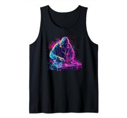 DJ en mesa de mezclas colorida, raver Camiseta sin Mangas