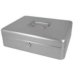 Westcott Caja de efectivo con cerradura (grande, 30 cm) plateada | Caja con cerradura de chapa de acero con 2 llaves | Inserto extraíble para monedas con 5 compartimentos | E-51002 SILVER