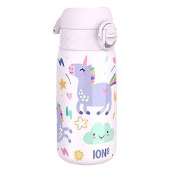 ION8 Geïsoleerde Stalen Waterfles, 320 ml/11 oz, Lekvrij, Makkelijk te Openen, Veilige Sluiting, Vaatwasserbestendig, Draaghandvat, Hygiënische Flip Cover, Reliëfprint, Ontwerp Eenhoorns Drinkfles