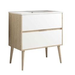Kibath Mueble de Baño con Lavabo Noruega 70 cm 2 cajones suspendido (Patas Decorativas Incluidas) Acabado Roble y Blanco Mate Fabricado en Madera