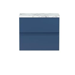 Hudson Reed URB304LCM Urban Modern Bathroom Wall Hung 2 Soft Close Drawer Vanity Unit and Carrera Marble Laminate Worktop, 600mm, Satin Blue