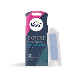 Veet Expert Strisce Depilatorie Viso, Ceretta per Pelli Sensibili con Olio di Mandorla, Dermatologicamente Testate, 12 Strisce (6x2 Strisce) + 2 Salviette Post-Epilazione con Olio D'Argan