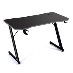 Mesa Gaming con Acabado Carbono, 120x60x73 cm, Patas en Z, Portavasos y Portaauriculares, Gris